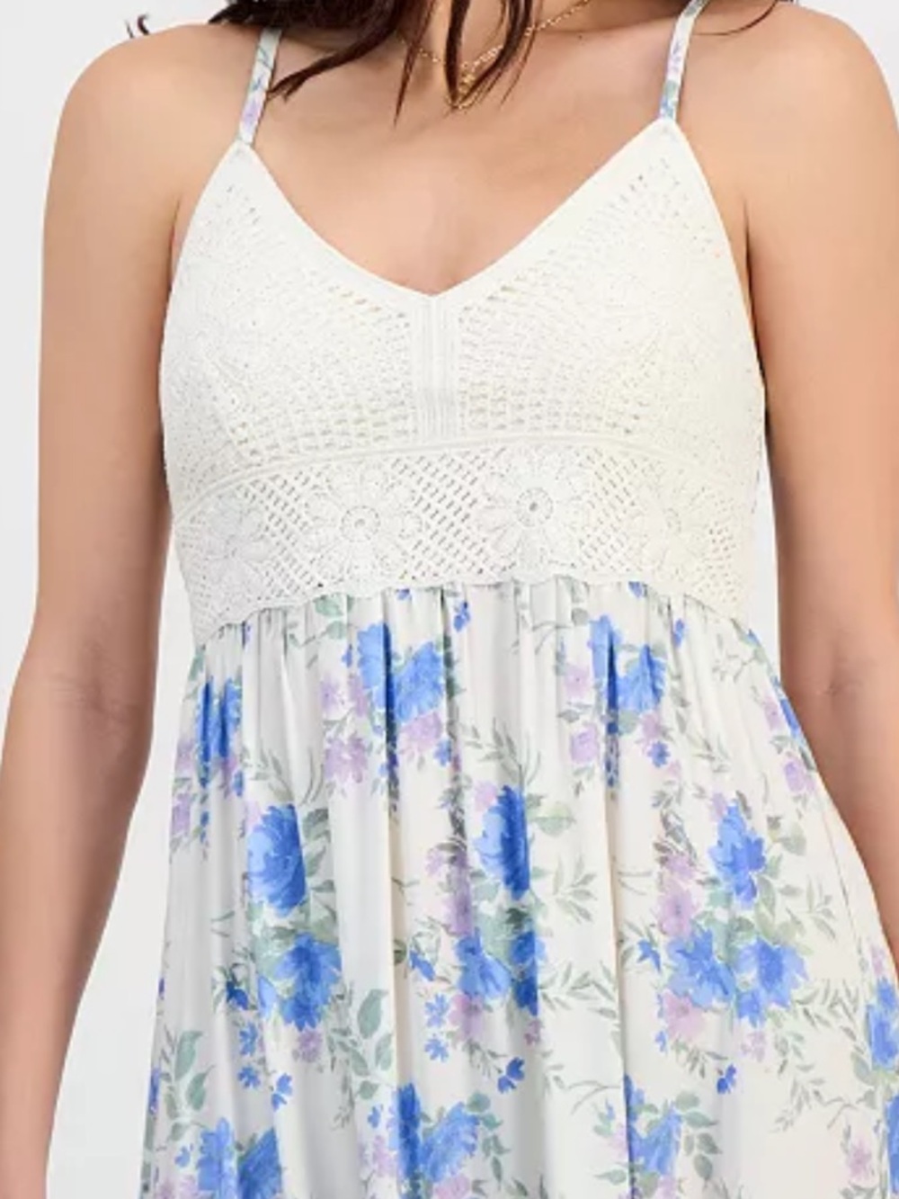 Madden Girl White Crochet Bodice Maxi Dress with Blue & Lilac Floral Print